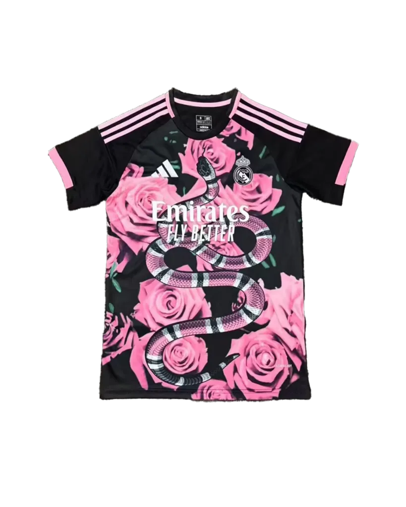 maillot real madrid 2025/2026 black/pink flower nouveau